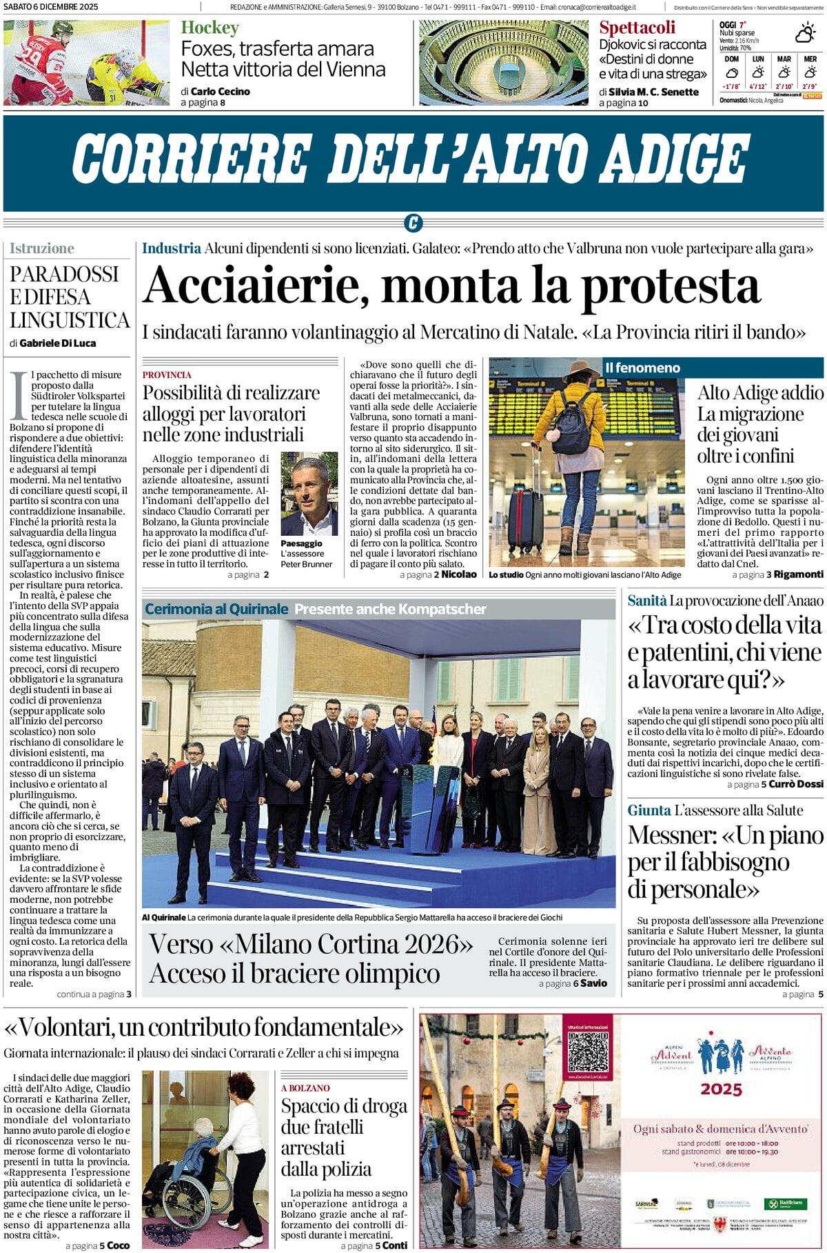 Prima Pagina Corriere dell'Alto Adige 06/12/2025