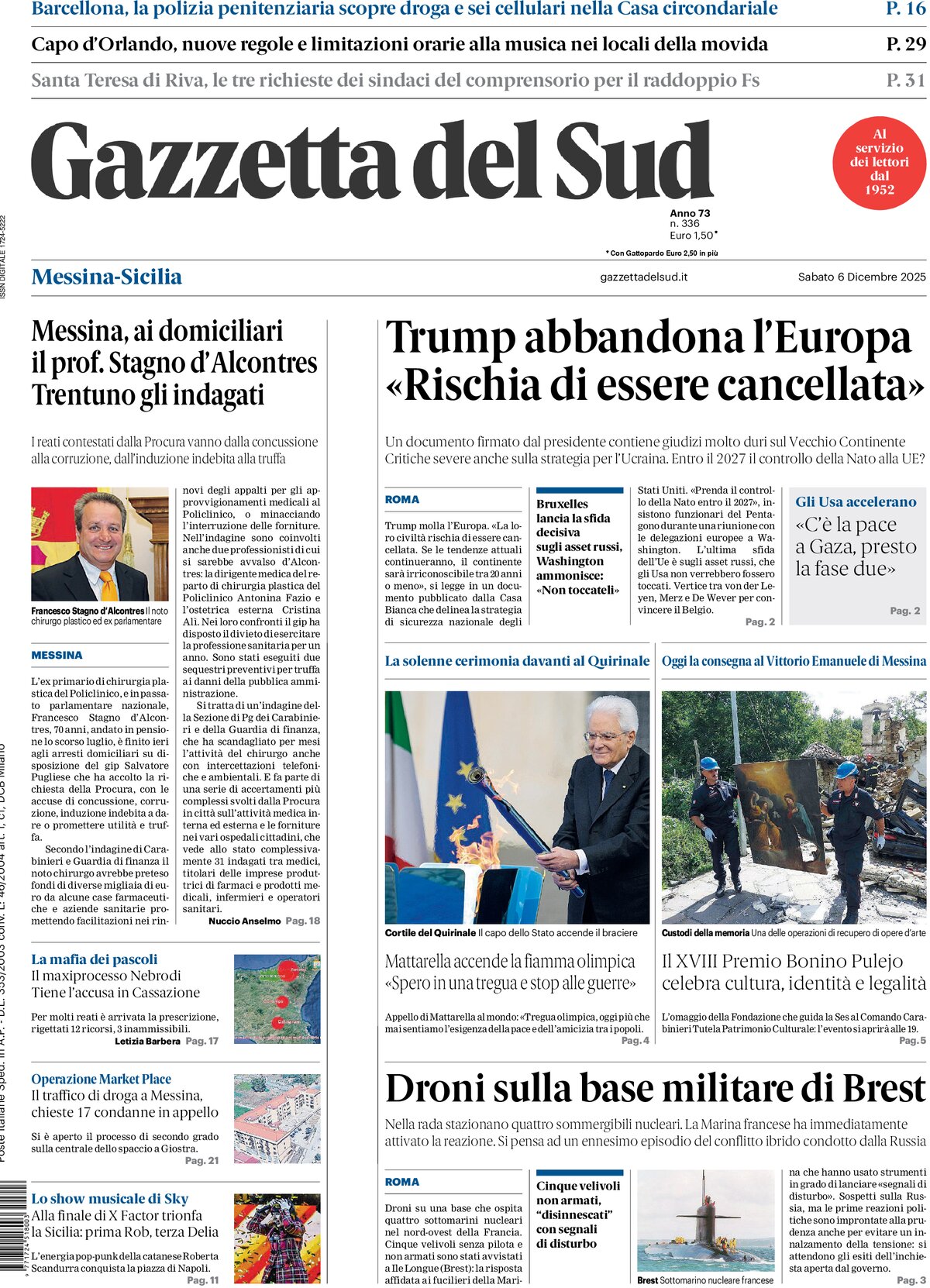 Prima Pagina Gazzetta del Sud (Messina) 06/12/2025