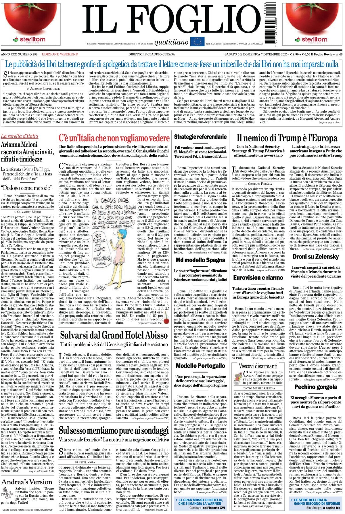 Prima Pagina Il Foglio 07/12/2025