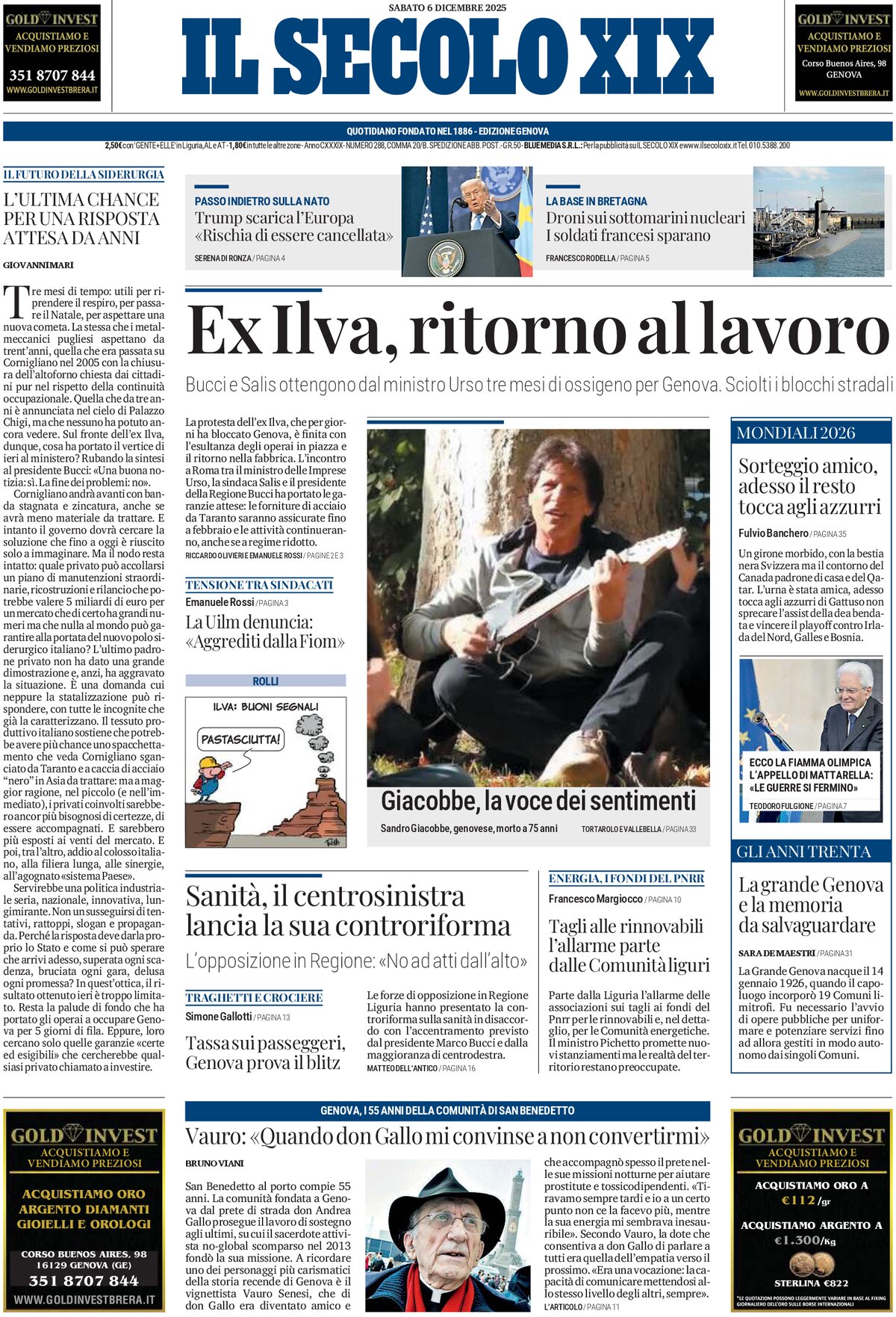 Prima Pagina Il Secolo XIX 06/12/2025