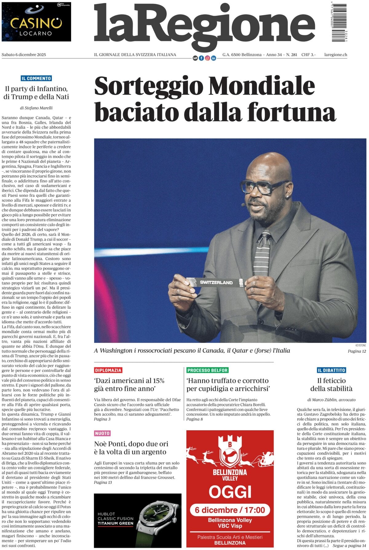 Prima Pagina laRegione 06/12/2025
