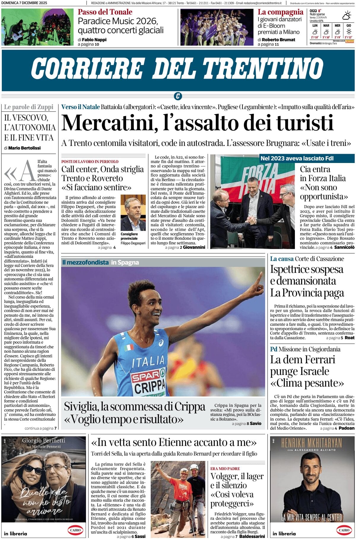 Prima Pagina Corriere del Trentino 07/12/2025