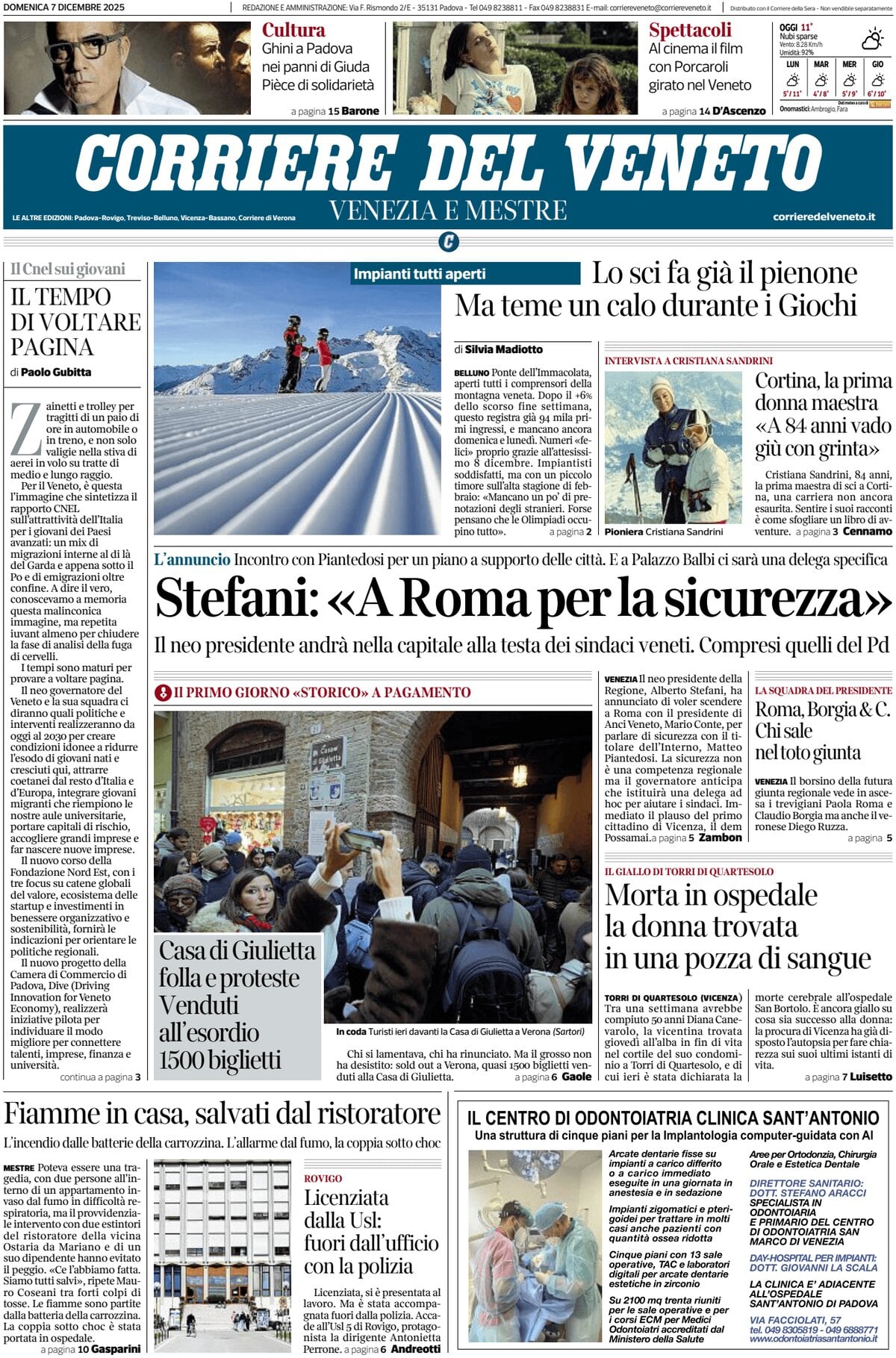 Prima Pagina Corriere del Veneto 07/12/2025