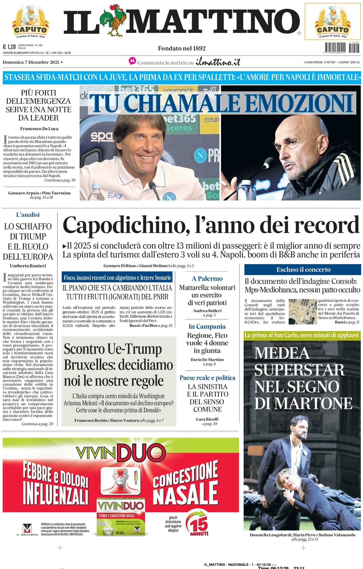 Prima Pagina Il Mattino 07/12/2025