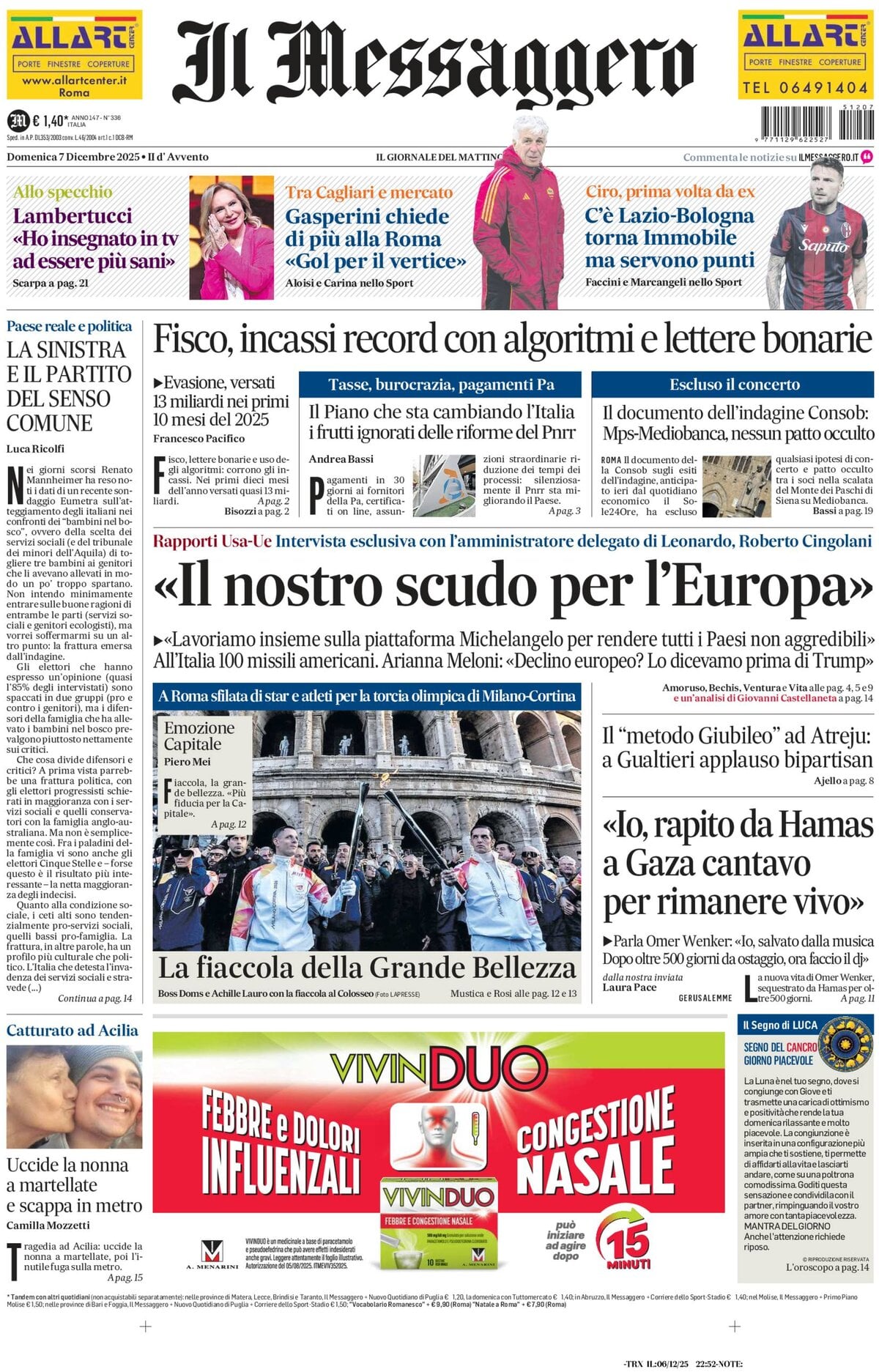 Prima Pagina Il Messaggero 07/12/2025