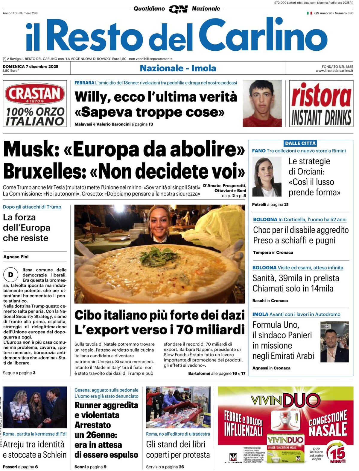 Prima Pagina Il Resto del Carlino 07/12/2025