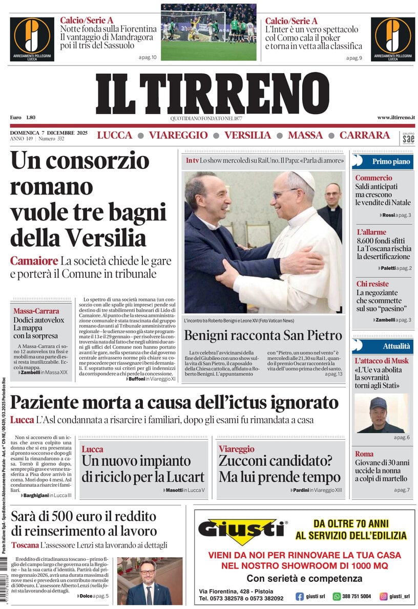 Prima Pagina Il Tirreno (Lucca, Viareggio, Versilia, Massa, Carrara) 07/12/2025