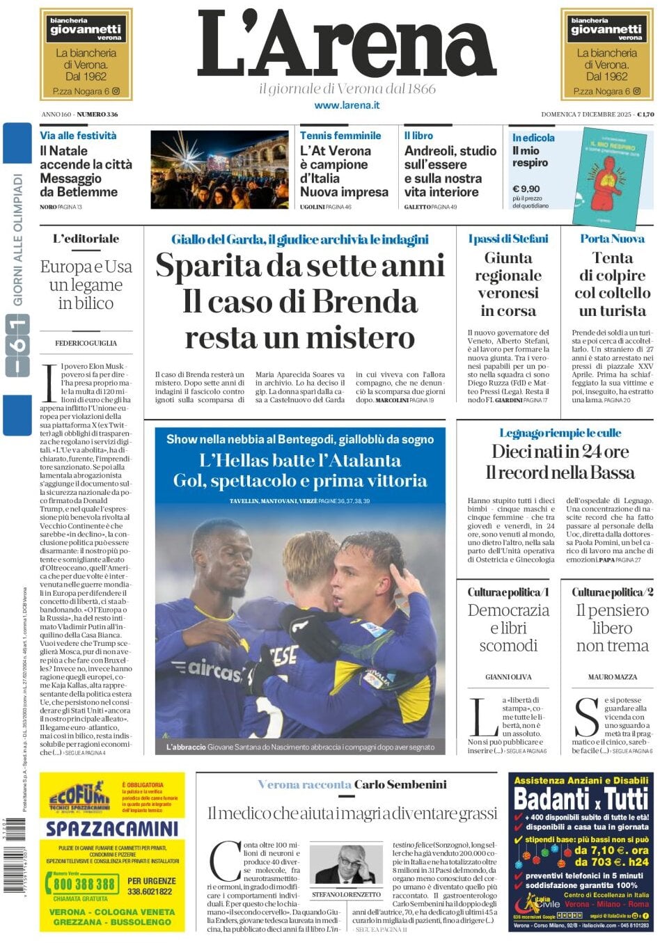 Prima Pagina L'Arena (Verona) 07/12/2025