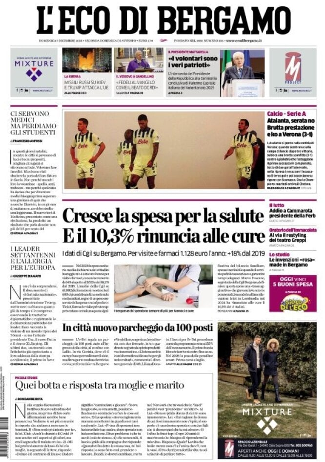 Prima Pagina L'Eco di Bergamo 07/12/2025
