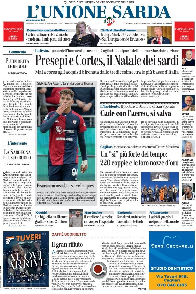 Prima Pagina L'Unione Sarda 07/12/2025