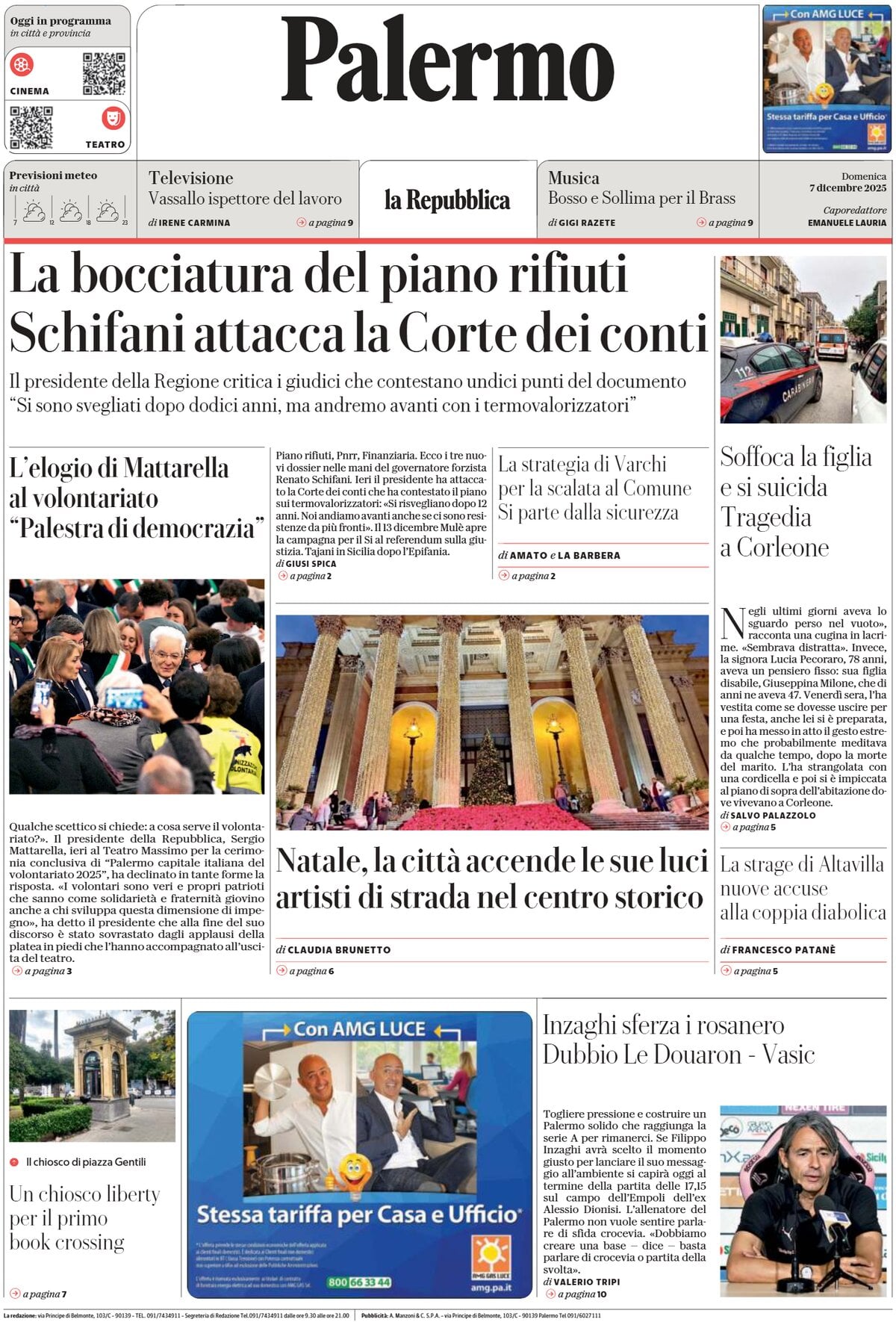 Prima Pagina La Repubblica (Palermo) 07/12/2025