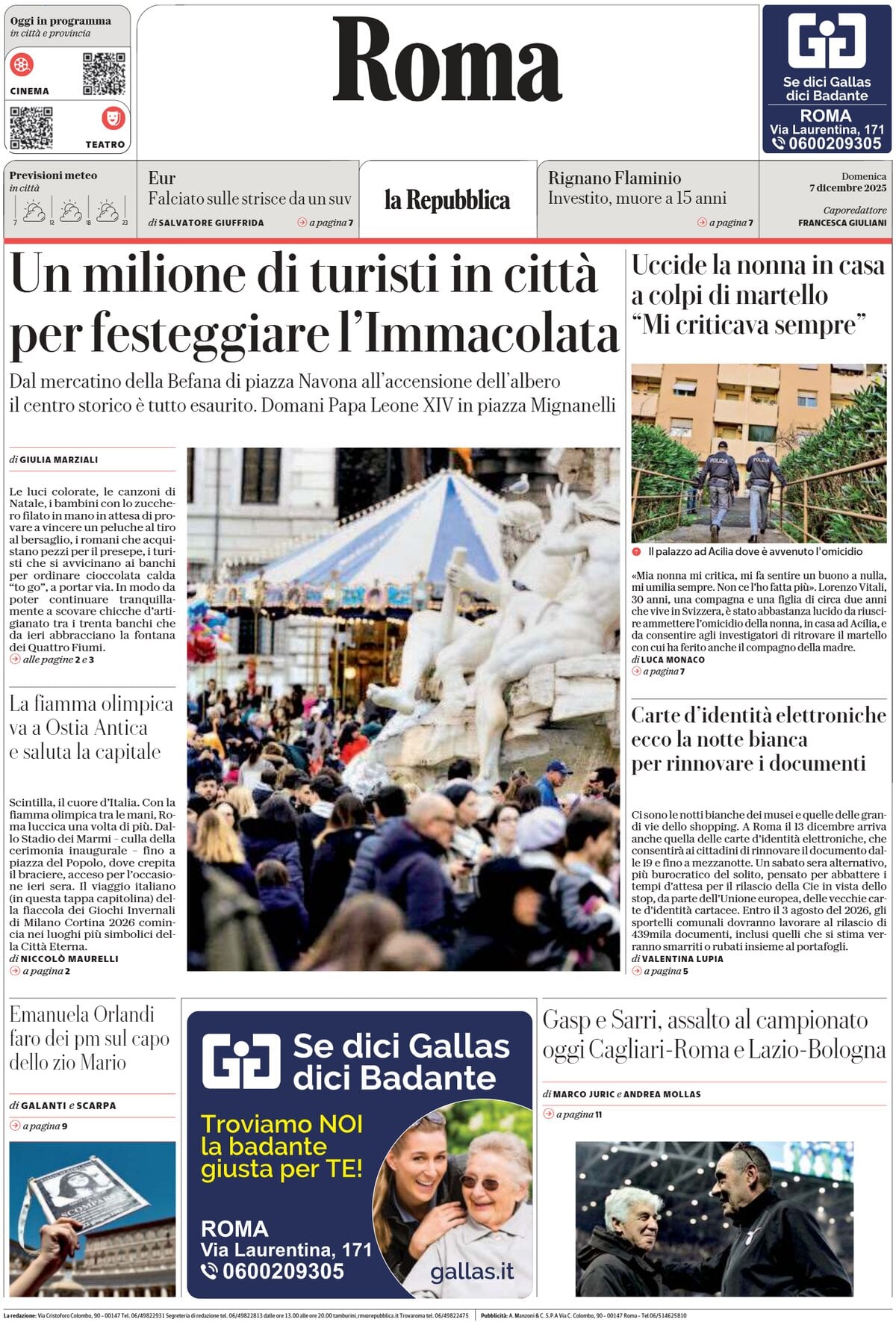 Prima Pagina La Repubblica (Roma) 07/12/2025
