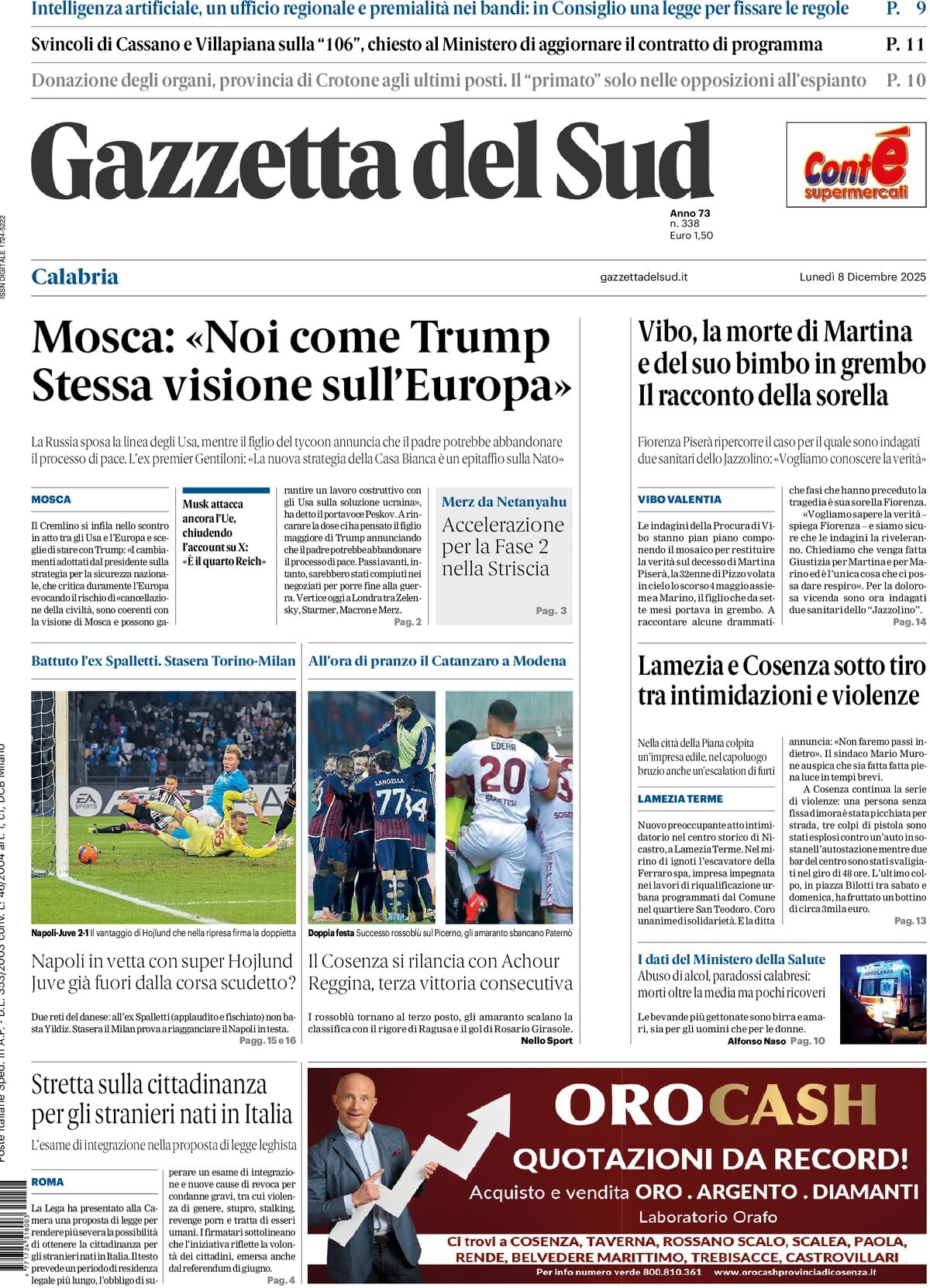 Prima Pagina Gazzetta del Sud (Reggio Calabria) 08/12/2025