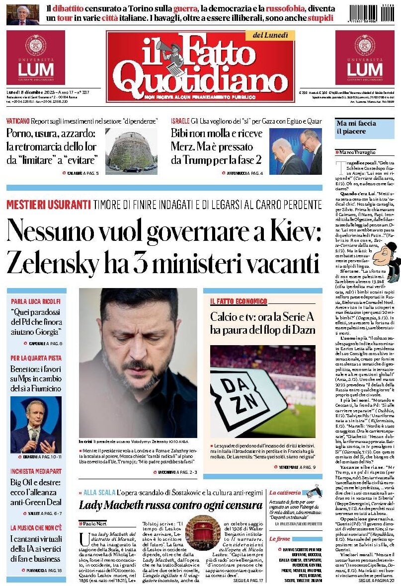 Prima Pagina Il Fatto Quotidiano 08/12/2025