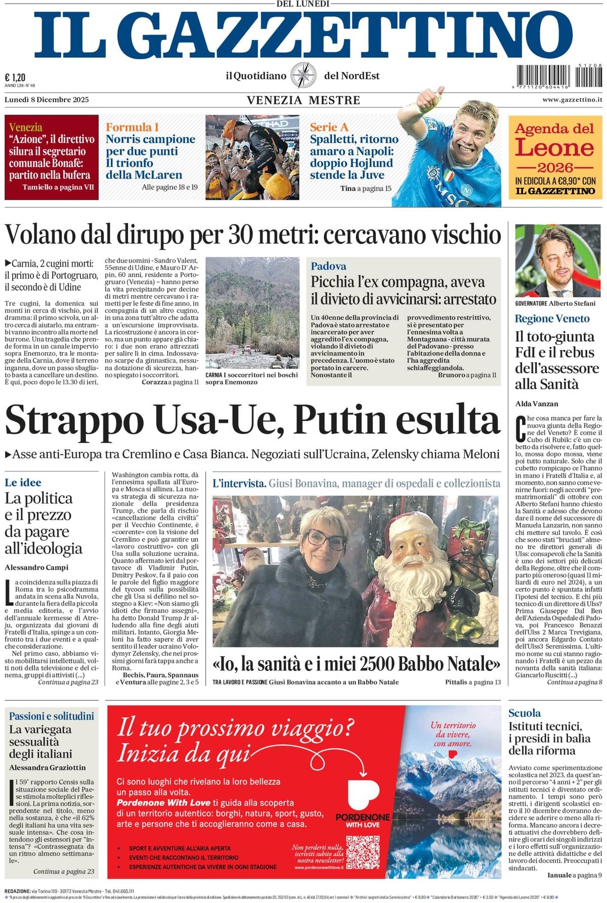 Prima Pagina Il Gazzettino 08/12/2025