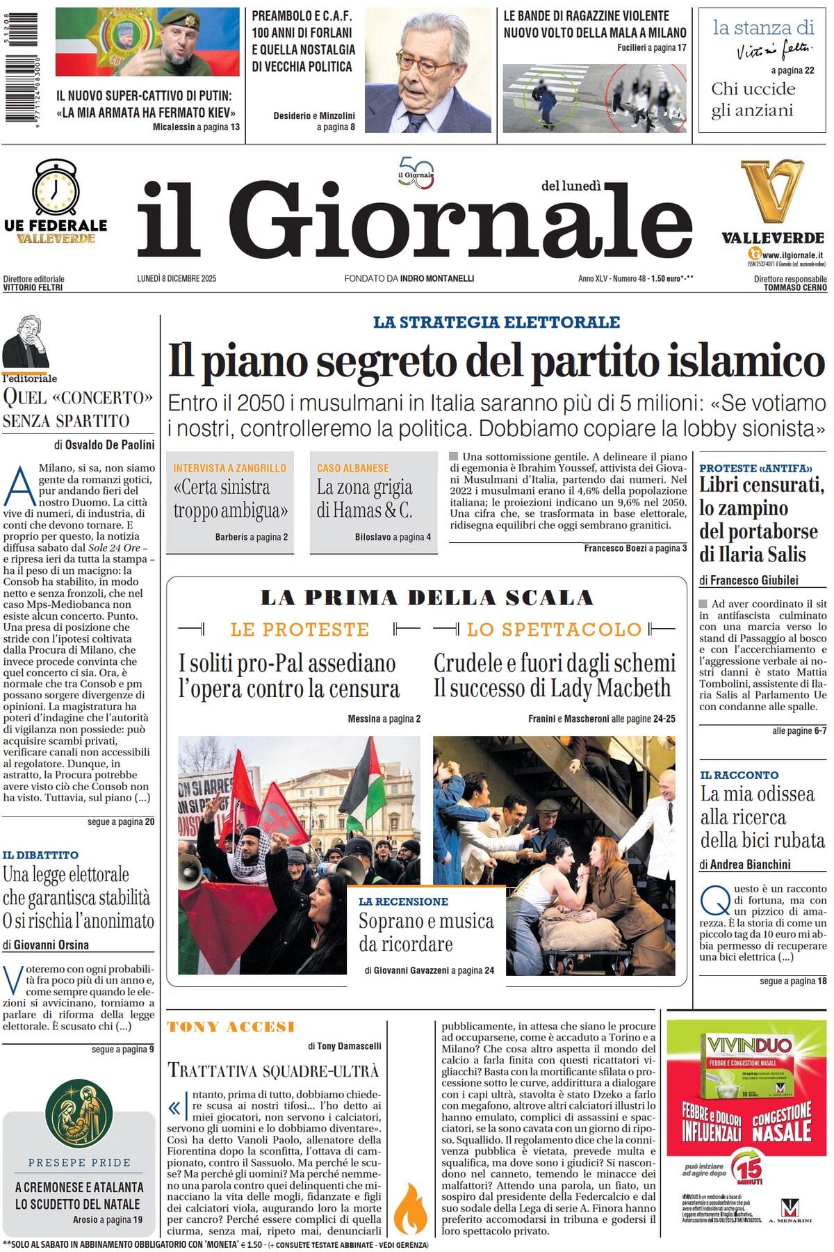 Prima Pagina Il Giornale 08/12/2025
