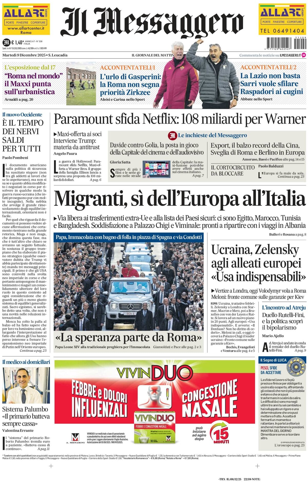 Prima Pagina Il Messaggero 09/12/2025