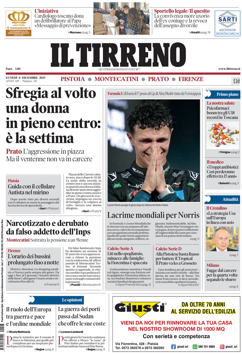 Prima Pagina Il Tirreno (Firenze, Prato, Pistoia, Montecatini) 08/12/2025