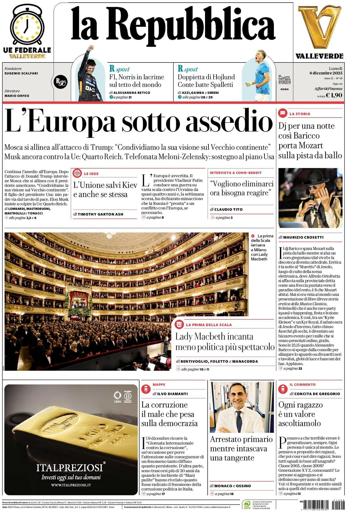 Prima Pagina La Repubblica 08/12/2025