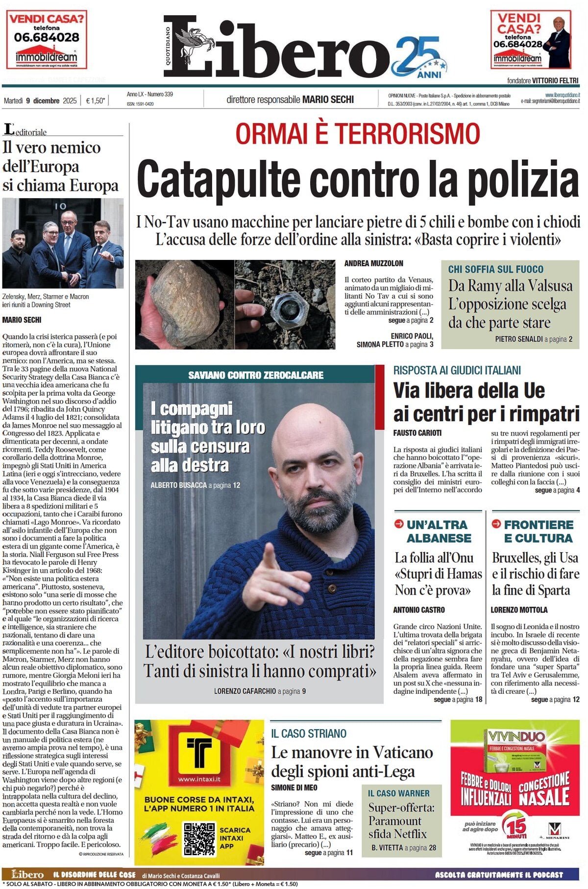 Prima Pagina Libero Quotidiano 09/12/2025