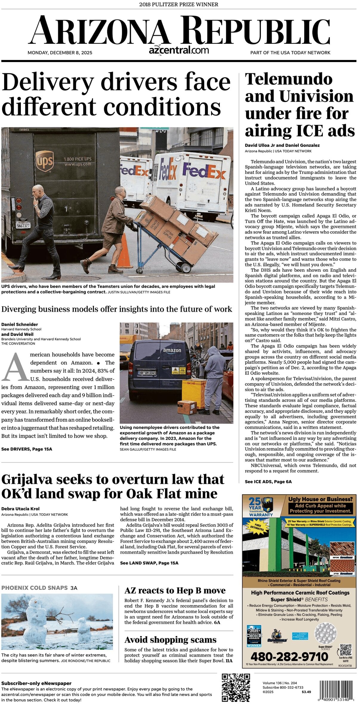 Prima Pagina The Arizona Republic 08/12/2025