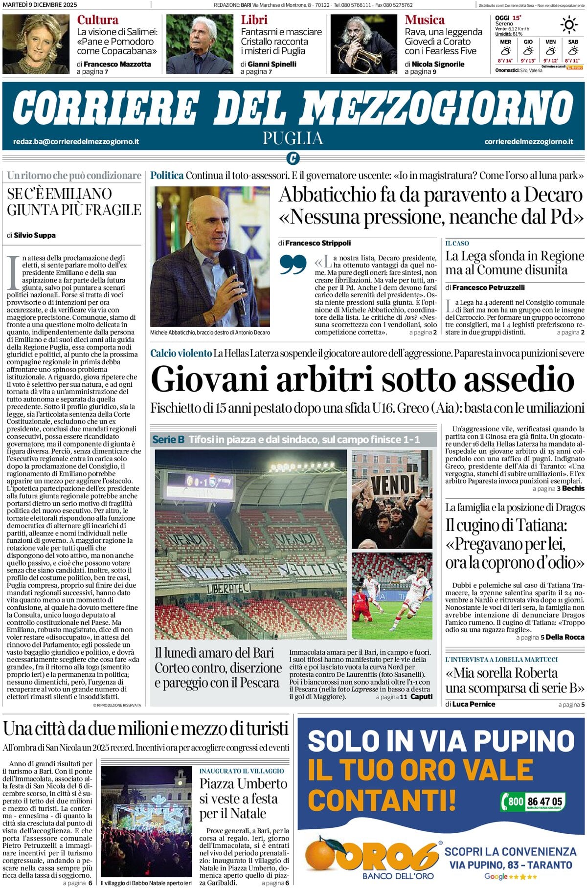Prima Pagina Corriere del Mezzogiorno (Puglia) 09/12/2025