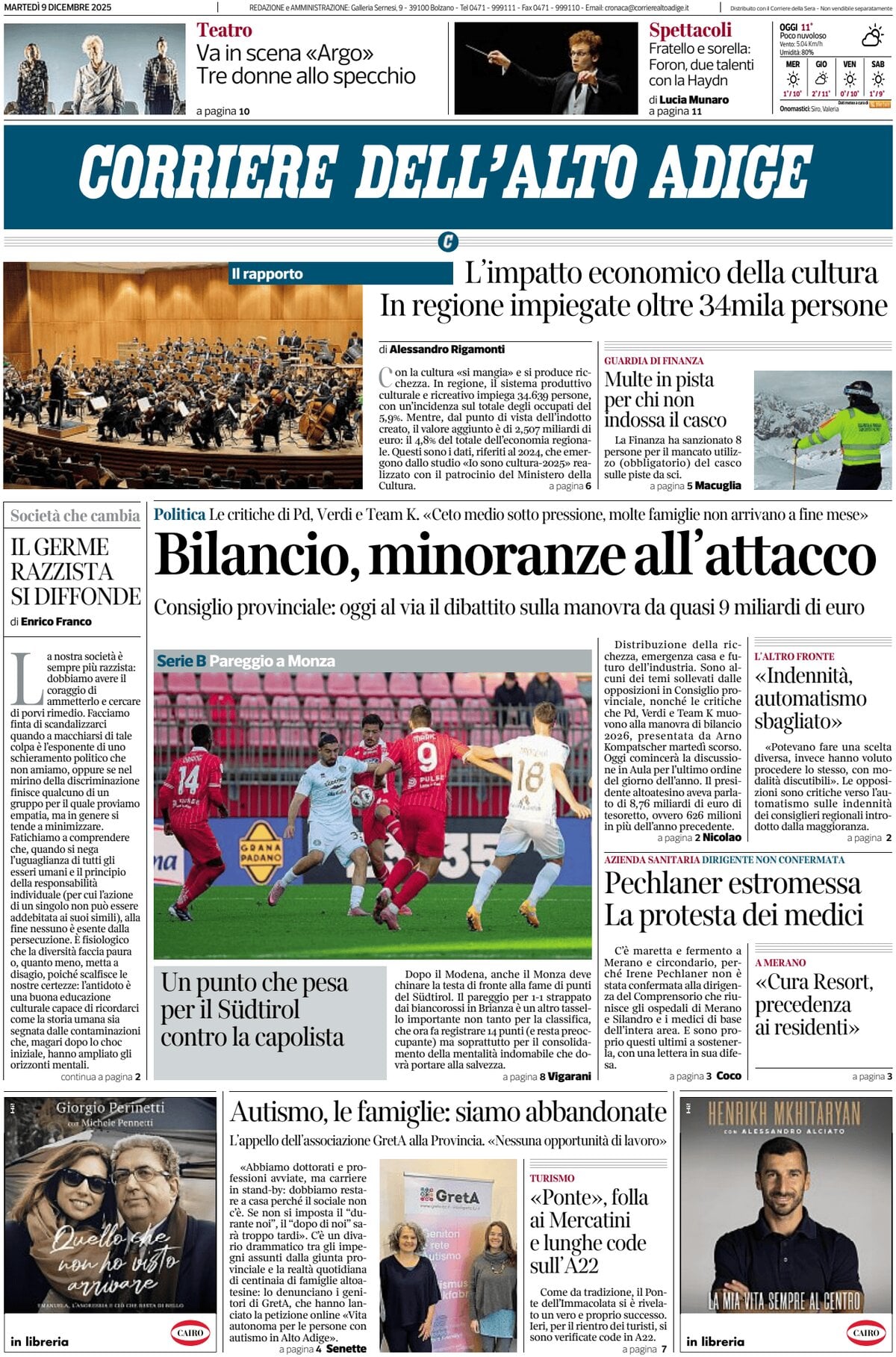 Prima Pagina Corriere dell'Alto Adige 09/12/2025