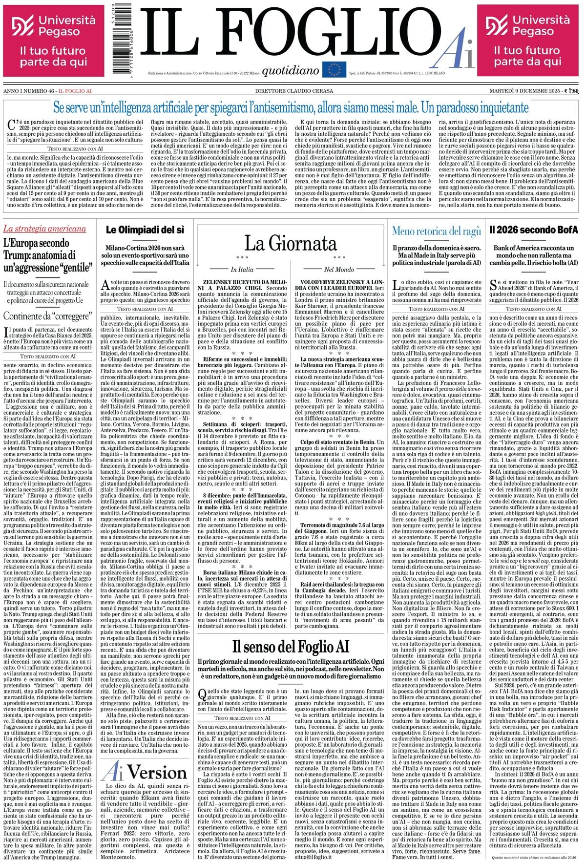 Prima Pagina Il Foglio AI 09/12/2025