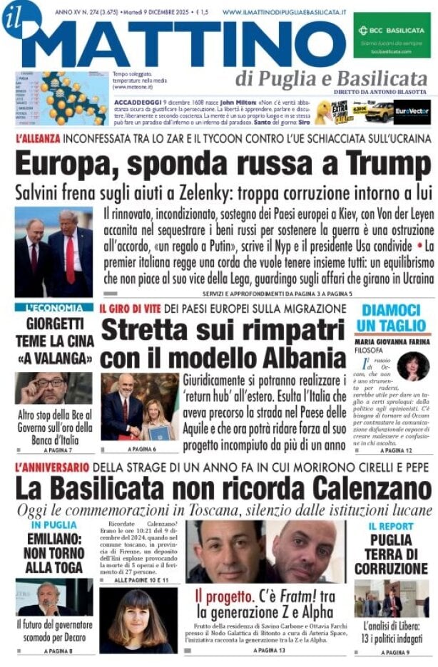 Prima Pagina Il Mattino di Puglia e Basilicata 09/12/2025