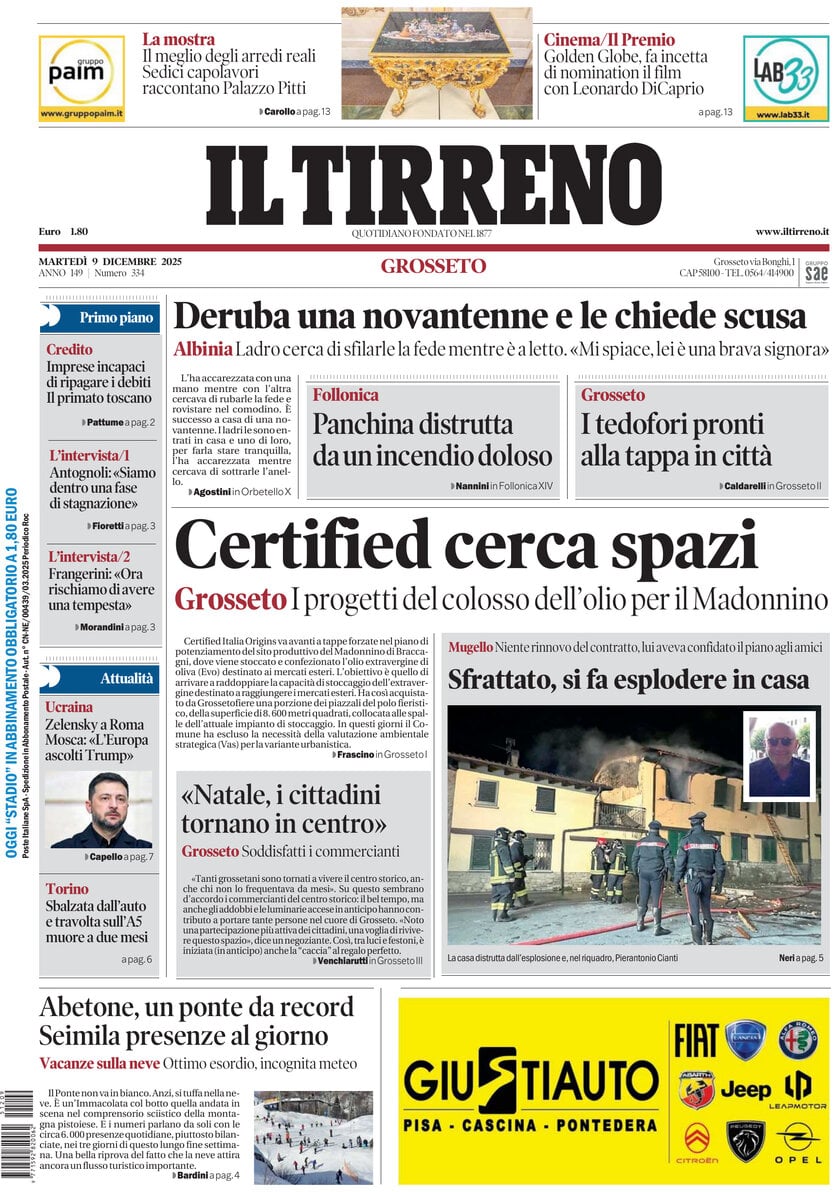 Prima Pagina Il Tirreno (Grosseto) 09/12/2025