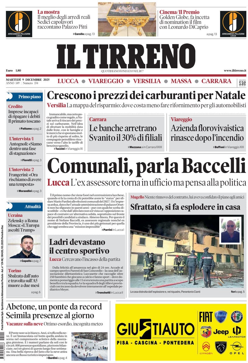 Prima Pagina Il Tirreno (Lucca, Viareggio, Versilia, Massa, Carrara) 09/12/2025