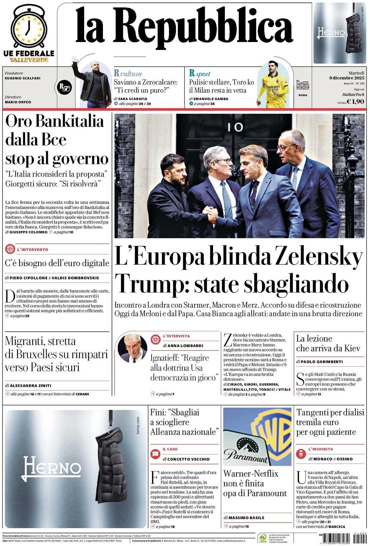 Prima Pagina La Repubblica 09/12/2025