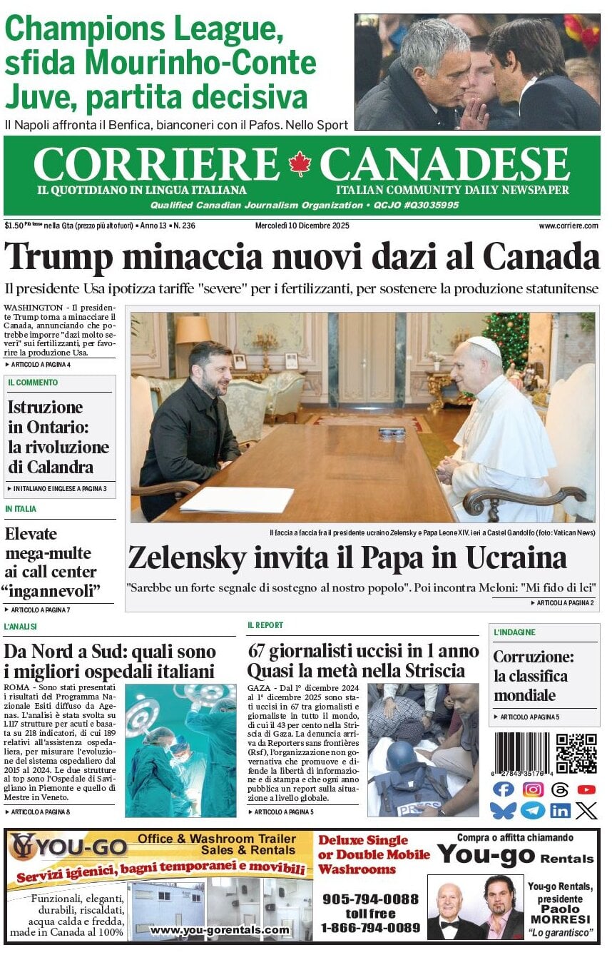 Prima Pagina Corriere Canadese 10/12/2025