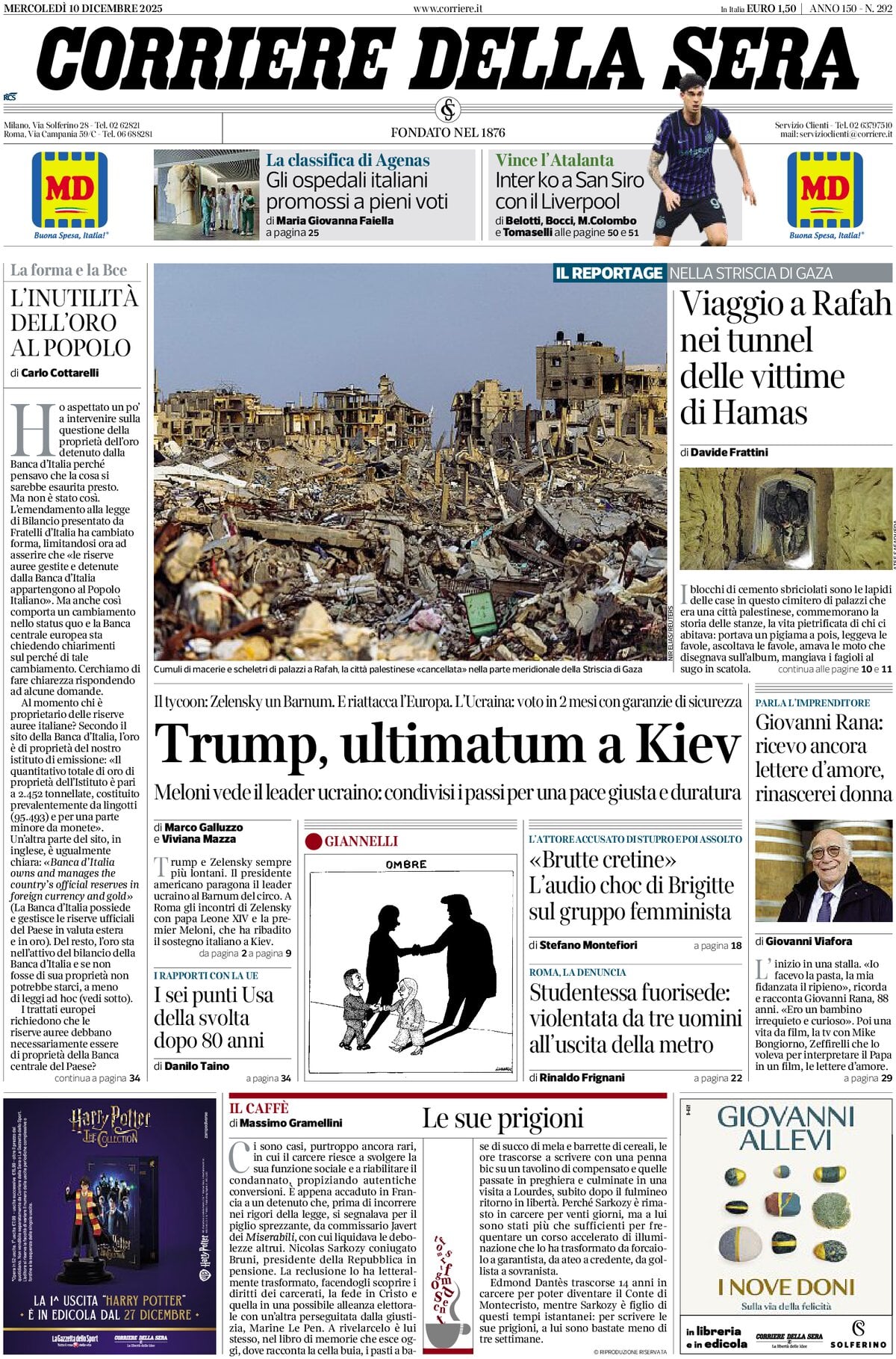 Prima Pagina Corriere della Sera 10/12/2025
