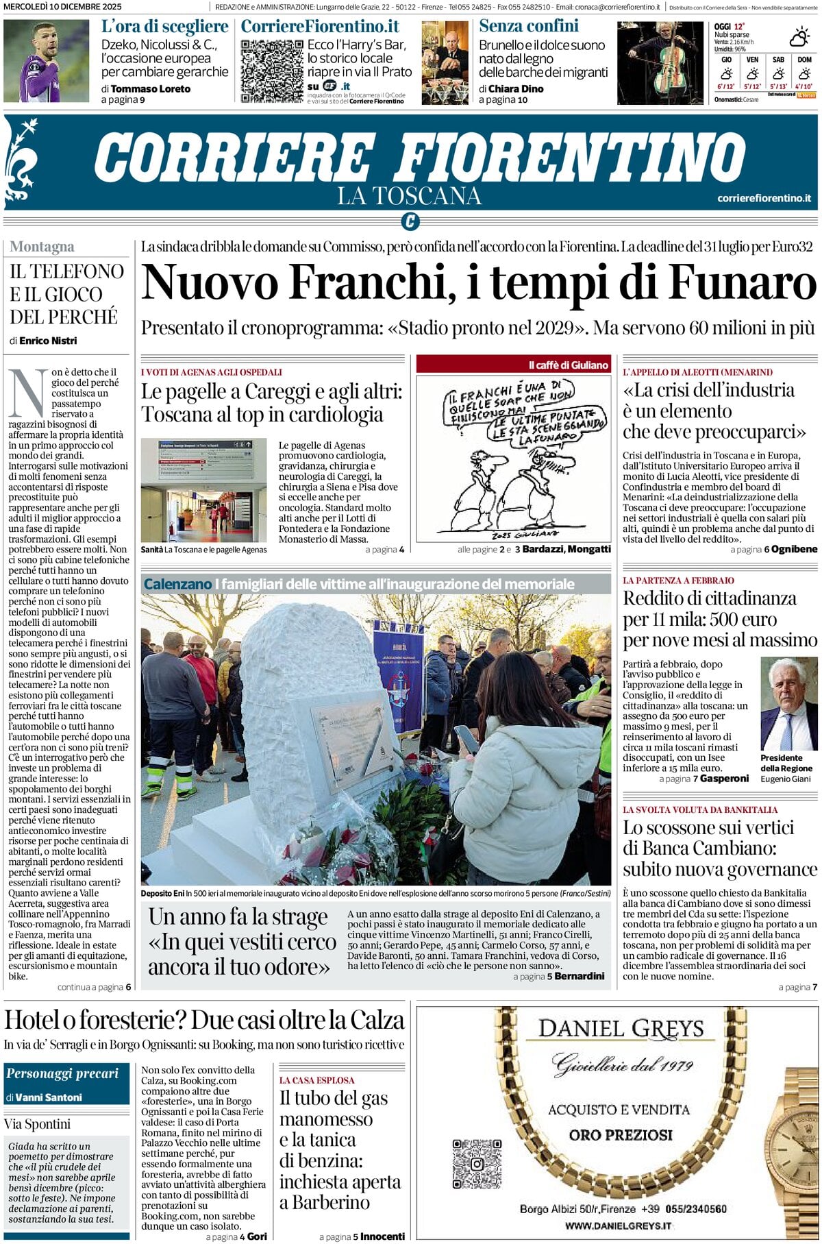 Prima Pagina Corriere Fiorentino 10/12/2025