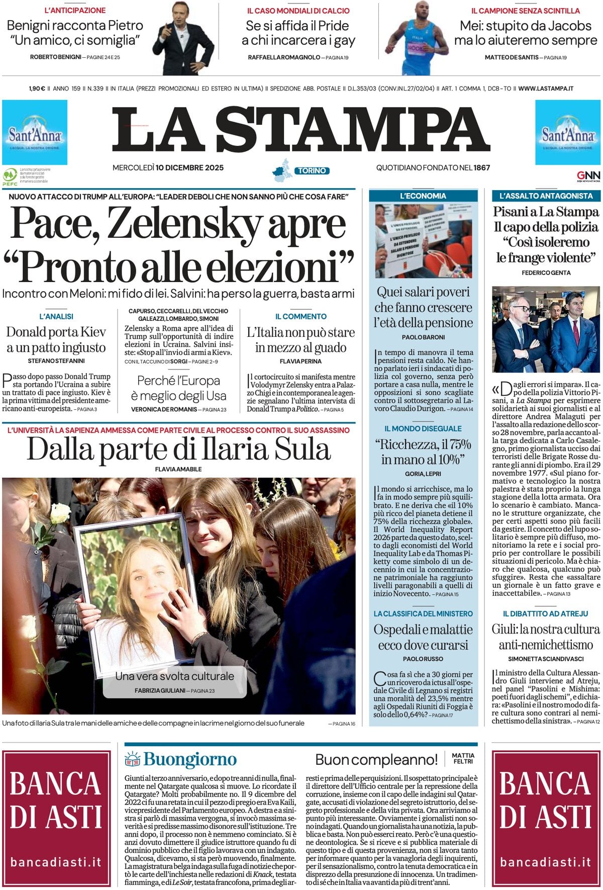 Prima Pagina La Stampa 10/12/2025