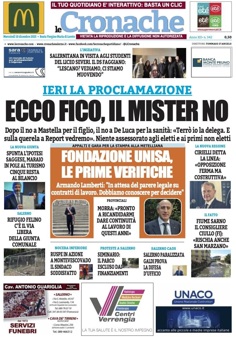 Prima Pagina Le Cronache (Salerno) 10/12/2025