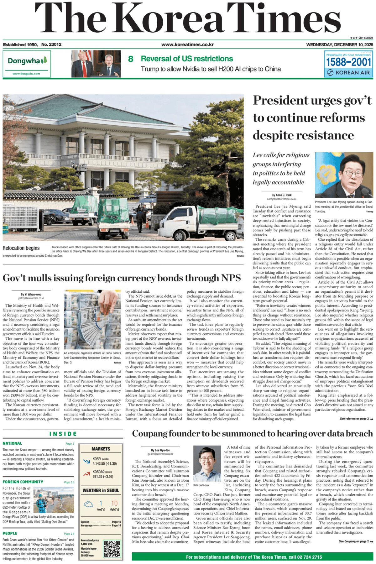 Prima Pagina The Korea Times 10/12/2025