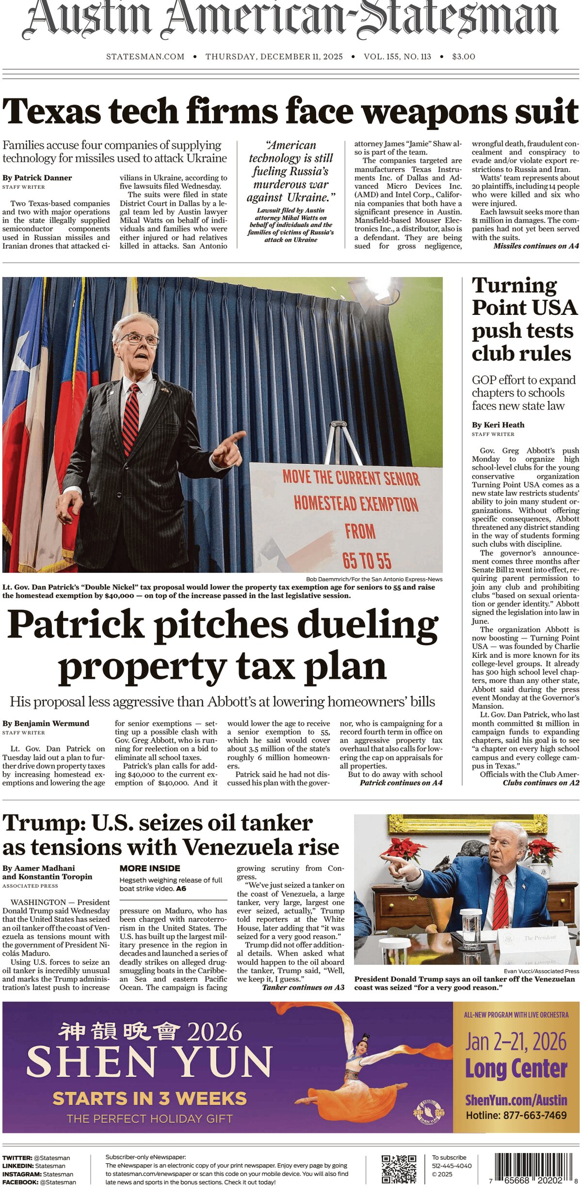 Prima Pagina Austin American-Statesman 11/12/2025