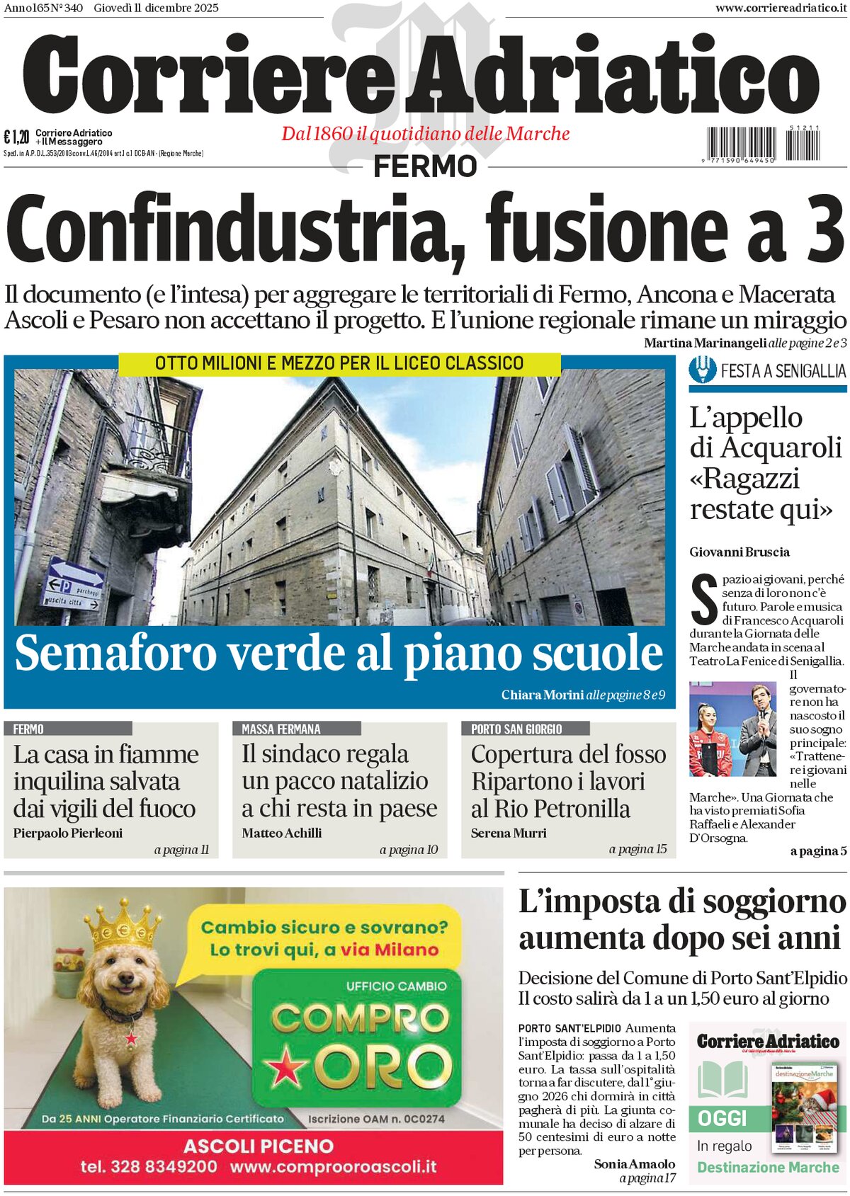 Prima Pagina Corriere Adriatico (Fermo) 11/12/2025