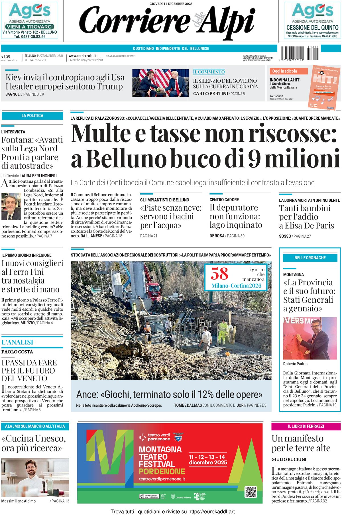 Prima Pagina Corriere delle Alpi (Belluno) 11/12/2025