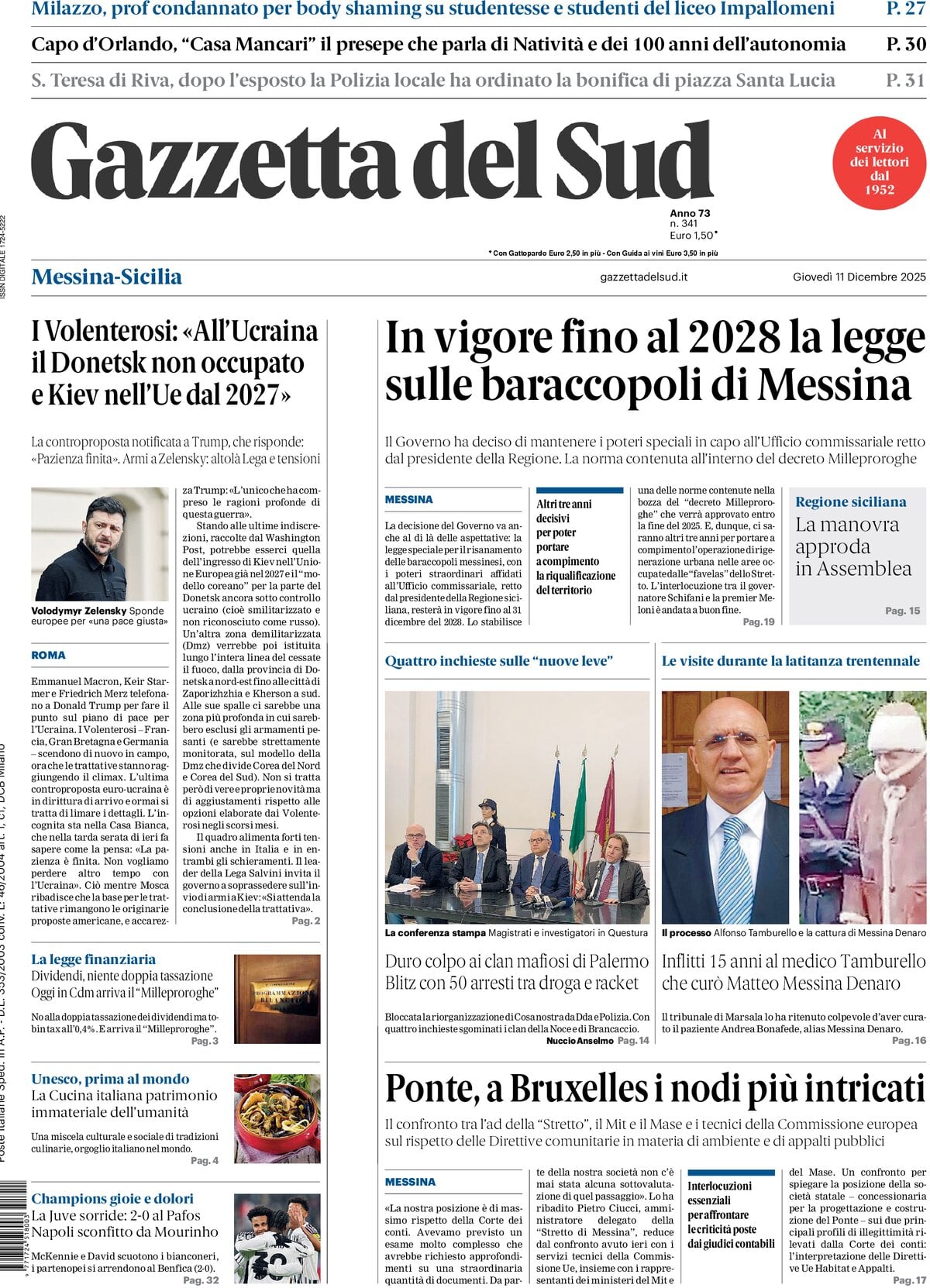 Prima Pagina Gazzetta del Sud (Messina) 11/12/2025
