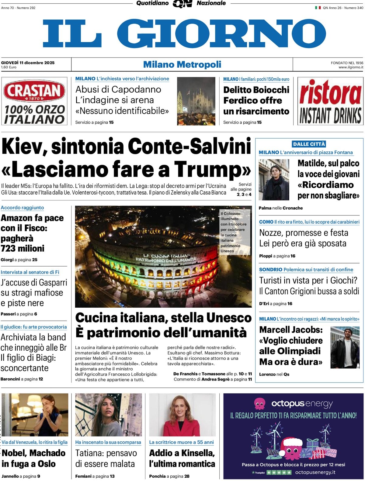 Prima Pagina Il Giorno (Milano Metropoli) 11/12/2025