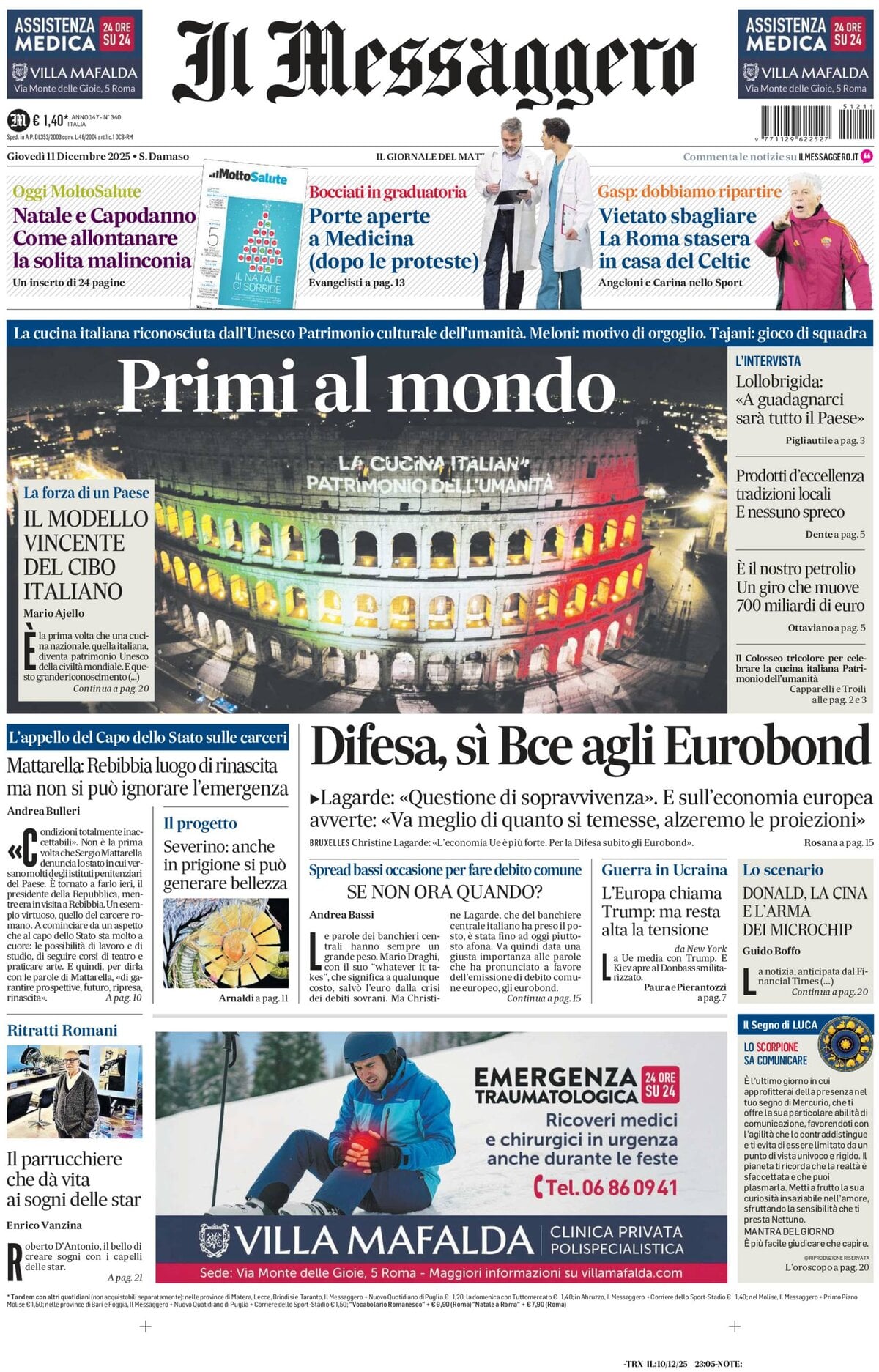 Prima Pagina Il Messaggero 11/12/2025