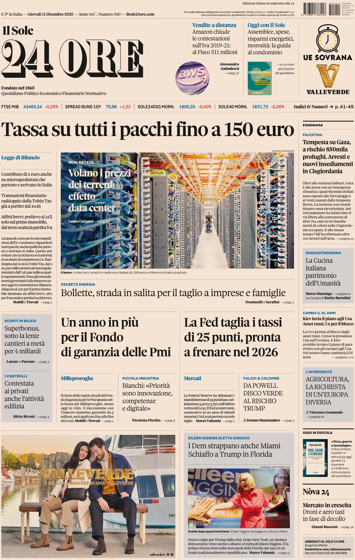 Prima Pagina Il Sole 24 Ore 11/12/2025