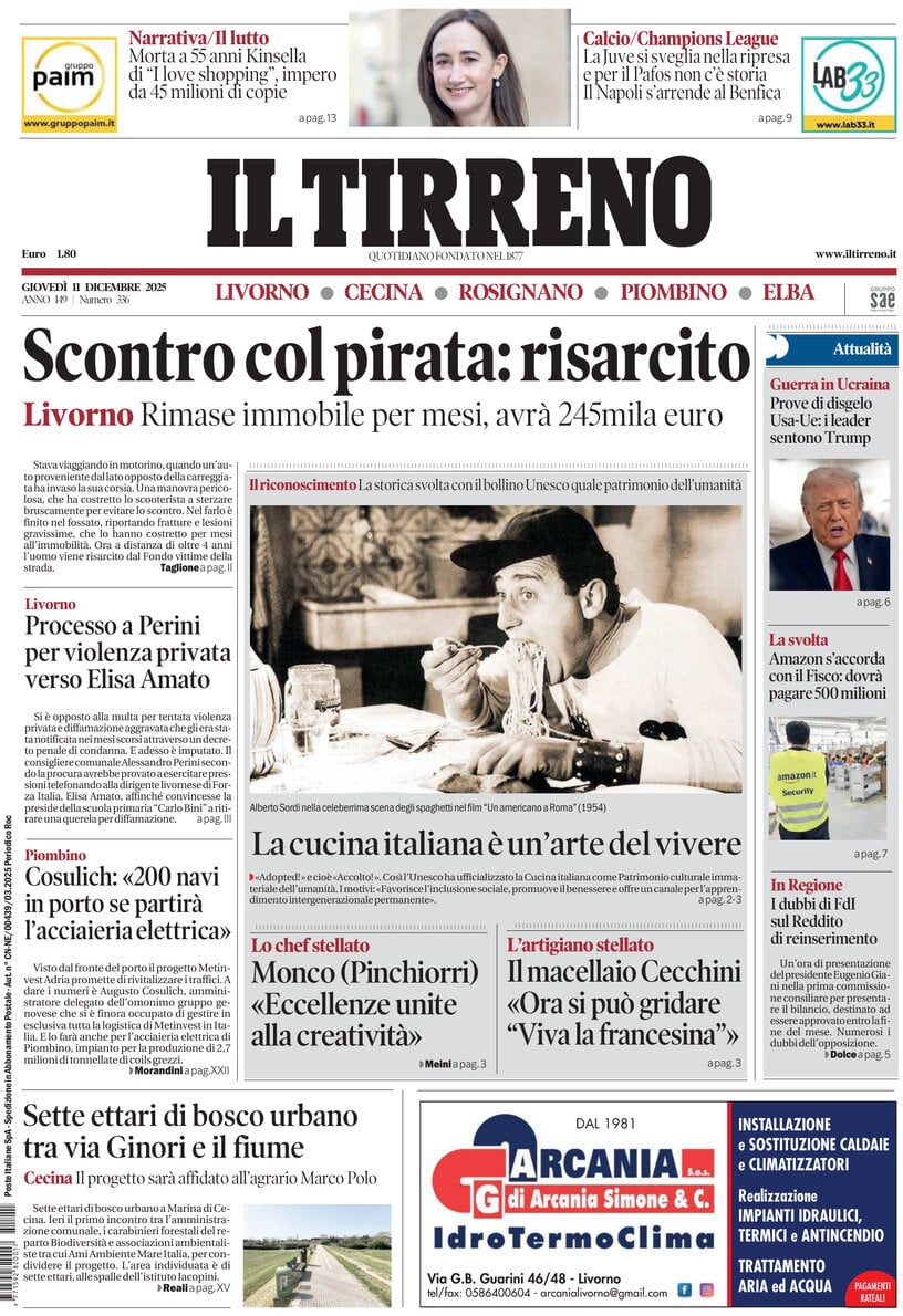 Prima Pagina Il Tirreno (Livorno, Cecina, Rosignano, Piombino, Elba) 11/12/2025