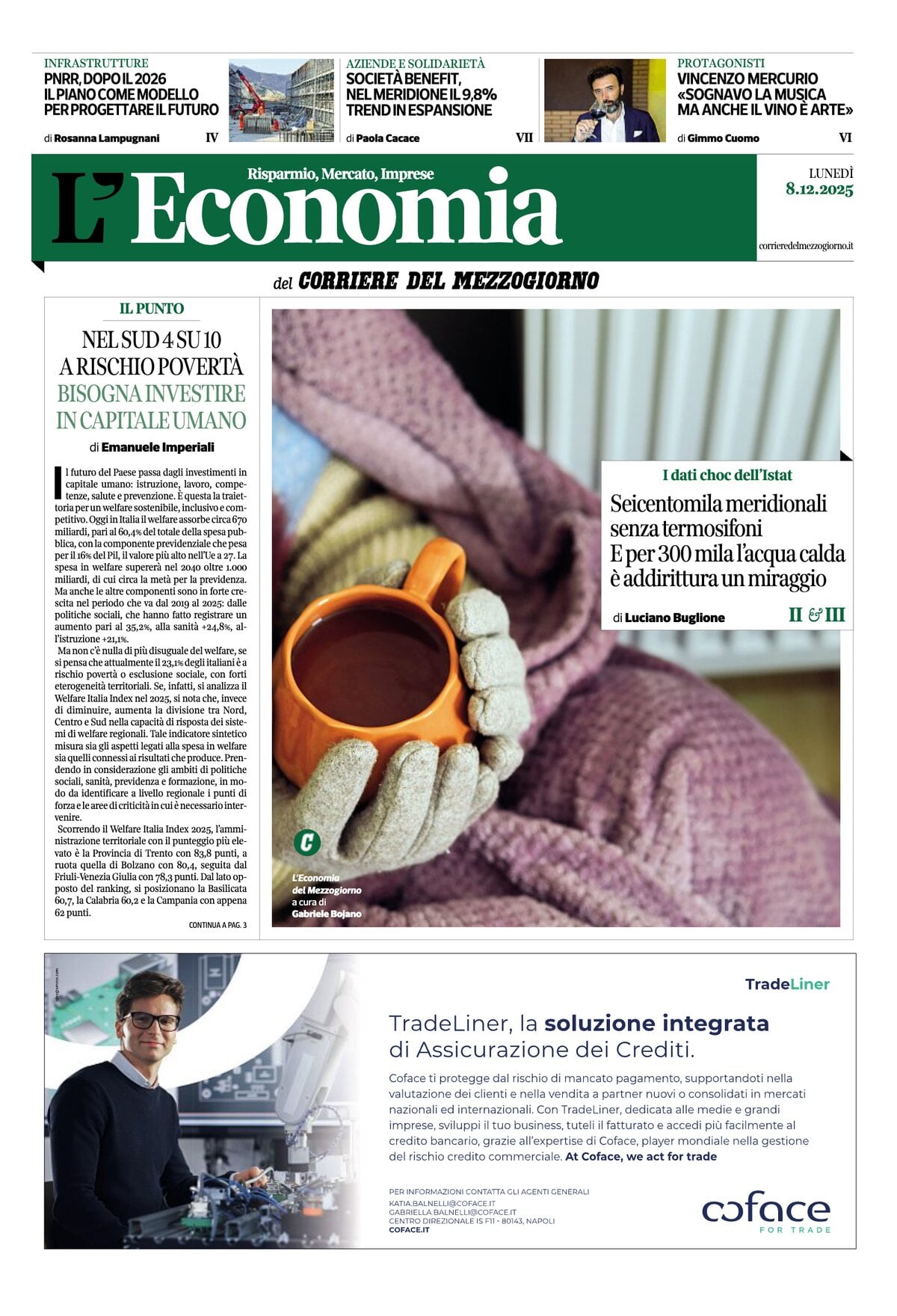Copertina L'Economia (Corriere del Mezzogiorno) 08/12/2025