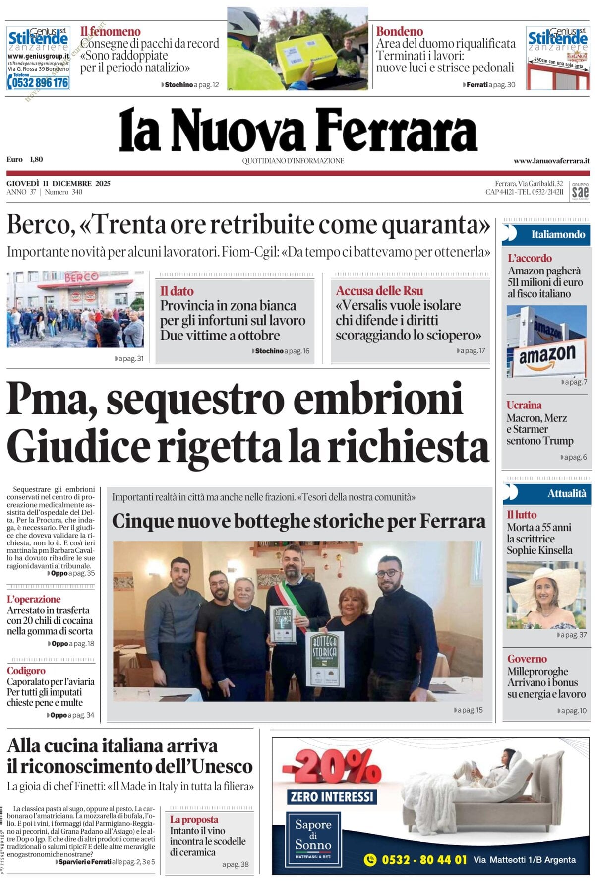 Prima Pagina La Nuova Ferrara 11/12/2025