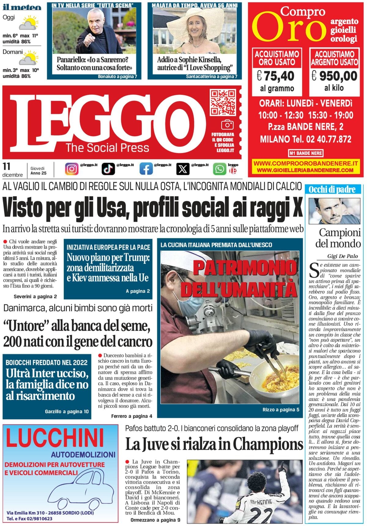 Prima Pagina Leggo (Milano) 11/12/2025