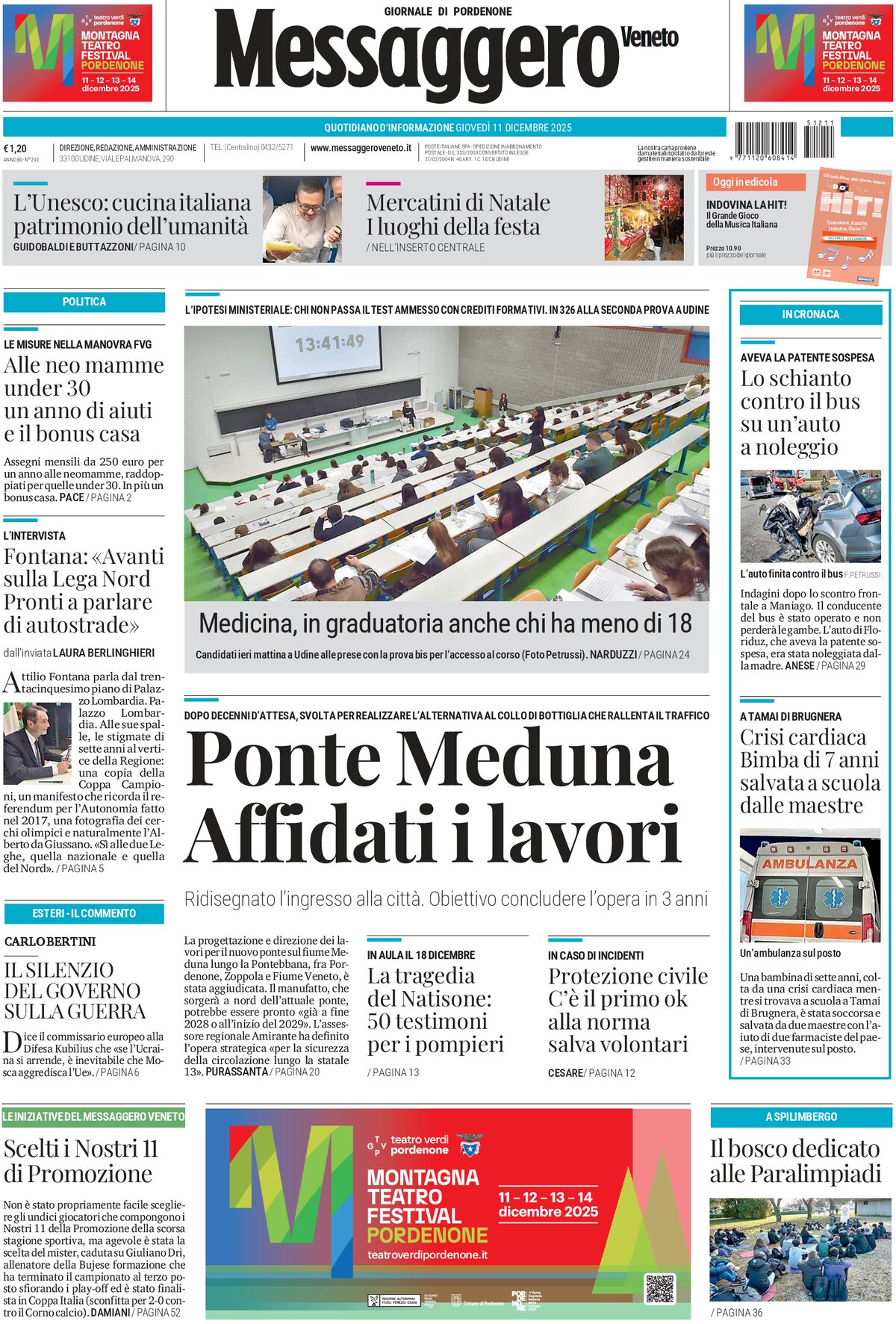 Prima Pagina Messaggero Veneto (Pordenone) 11/12/2025